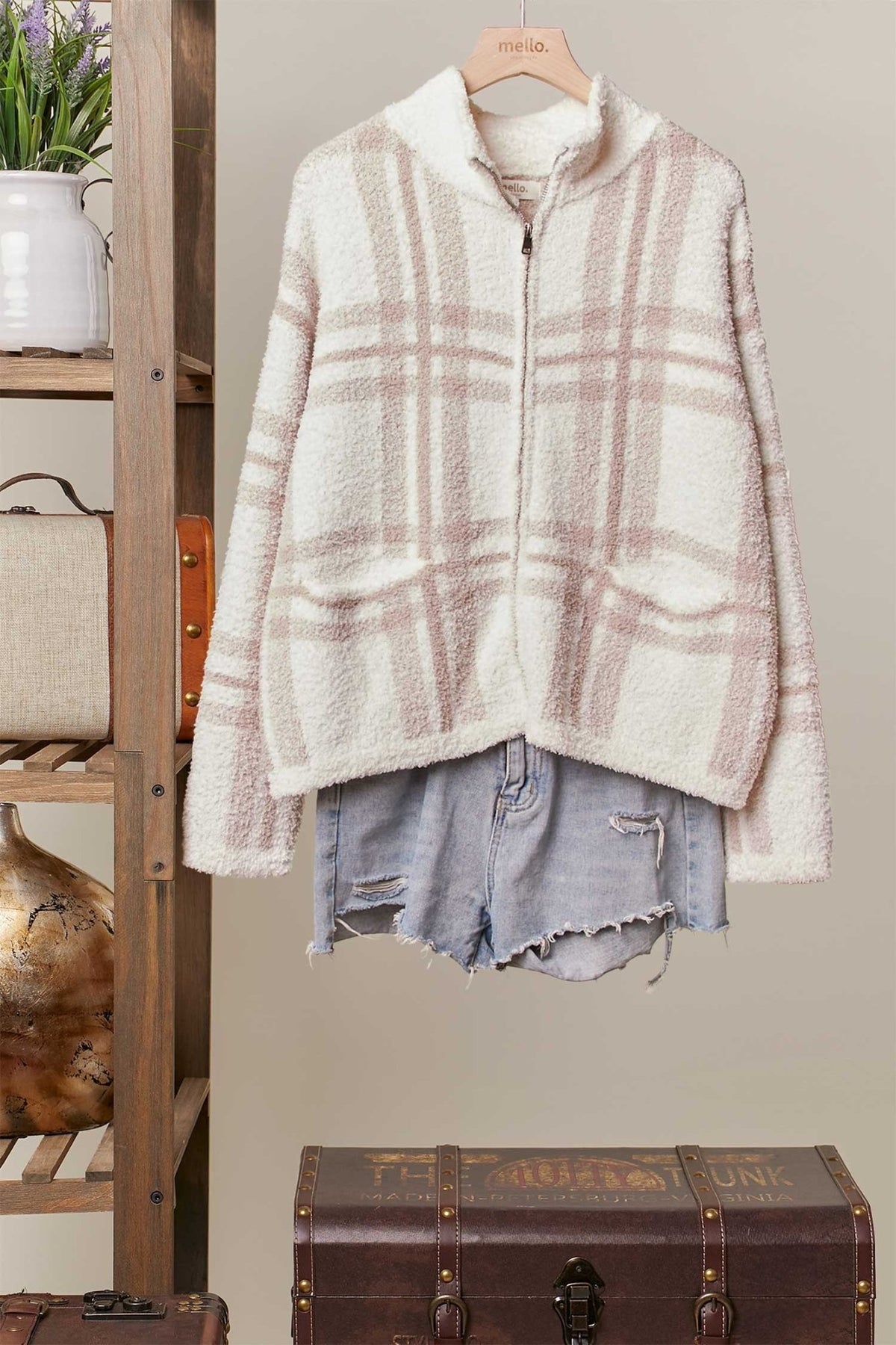 High Neck Plaid Knit Zip Up Jacket - Chandeliers Boutique ny