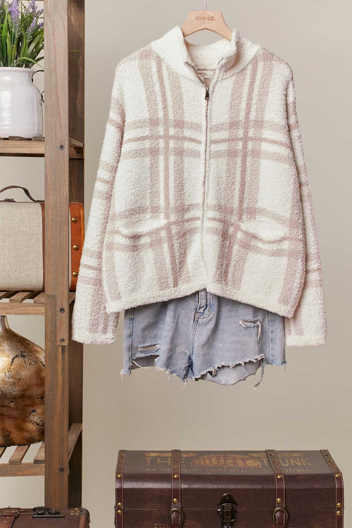 High Neck Plaid Knit Zip Up Jacket - Chandeliers Boutique ny