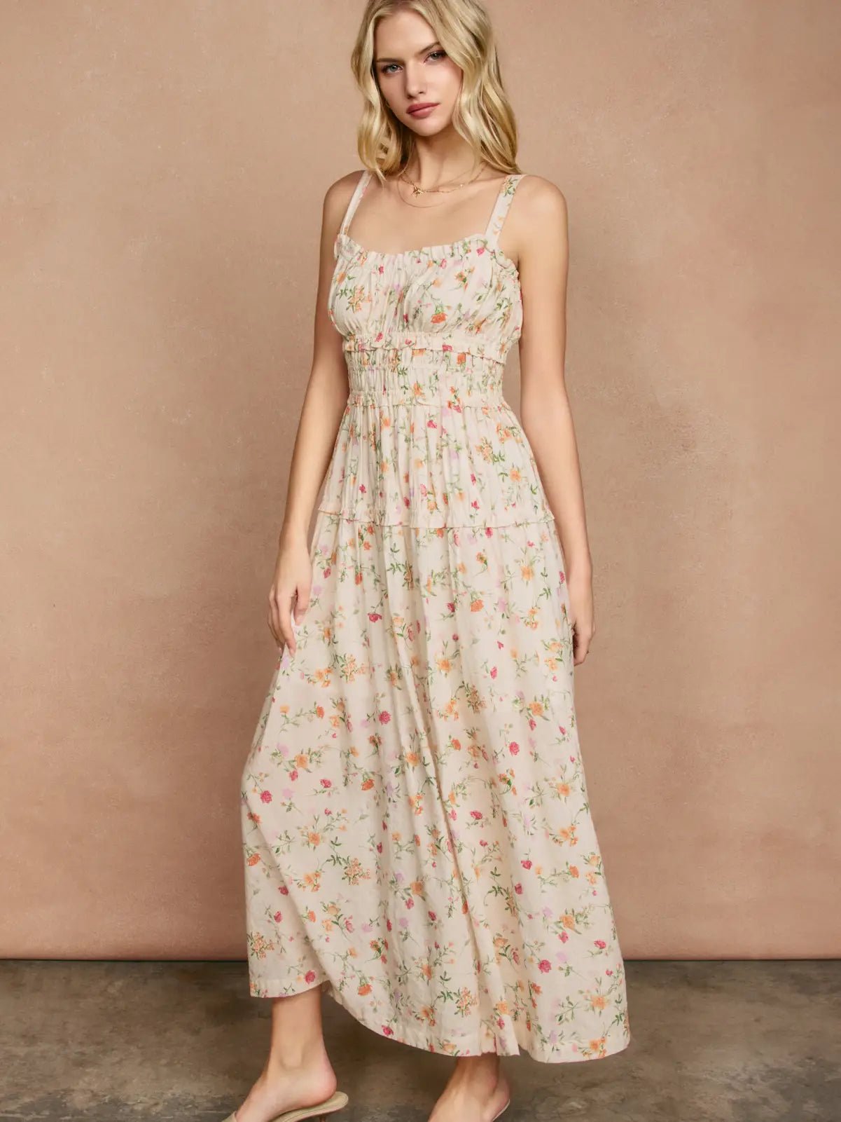 Honey Butter Shirred Midi Dress - Chandeliers Boutique ny