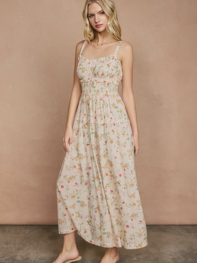 Honey Butter Shirred Midi Dress - Chandeliers Boutique ny