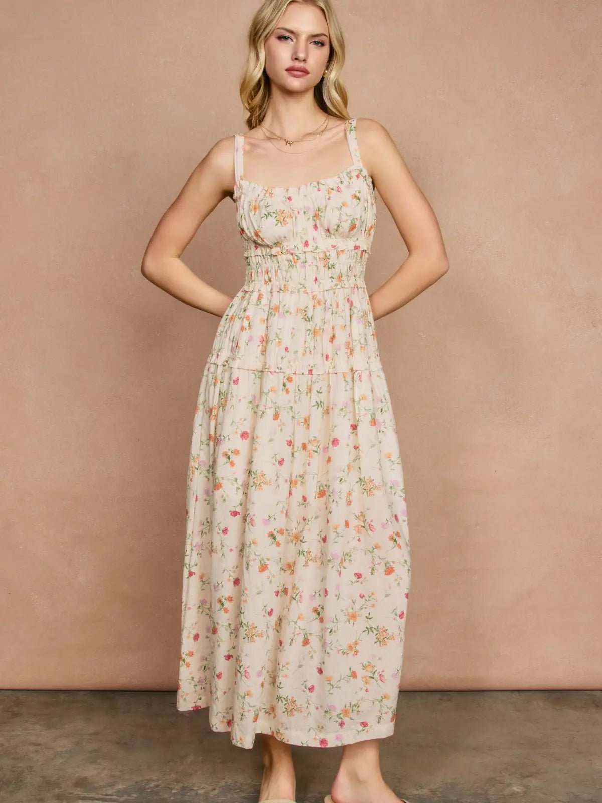 Honey Butter Shirred Midi Dress - Chandeliers Boutique ny