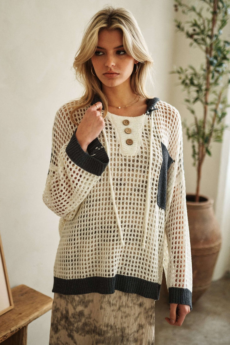 Hooded Fishnet Color Block Spring Sweater - Chandeliers Boutique ny