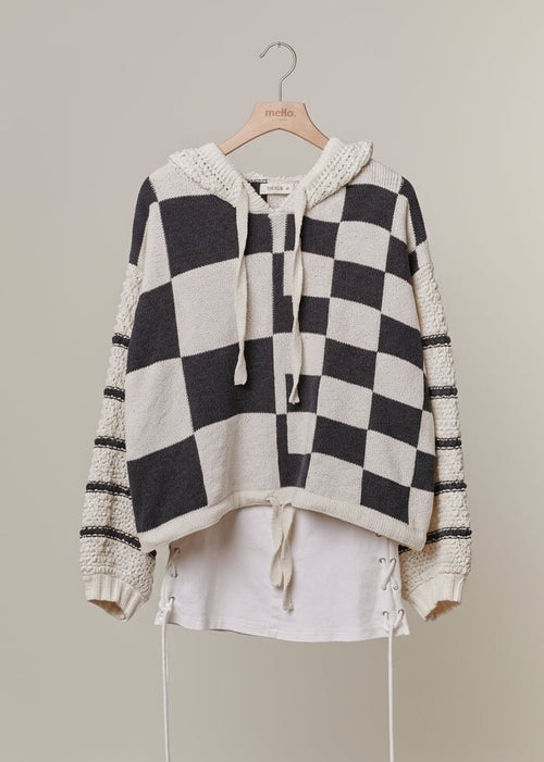 Hooded Multi Checker Drawstring Sweater - Chandeliers Boutique ny
