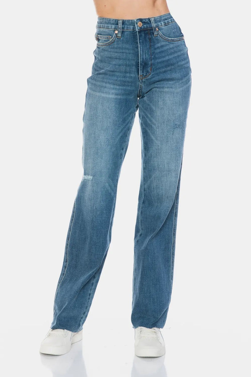 Judy Blue Full Size Tummy Control Cut Raw Hem Straight Jeans - Chandeliers Boutique ny