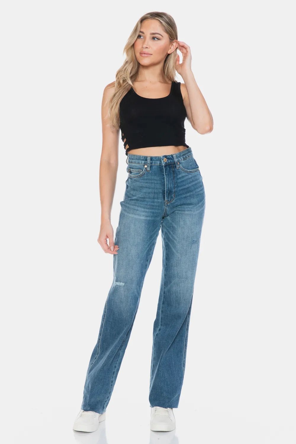 Judy Blue Full Size Tummy Control Cut Raw Hem Straight Jeans - Chandeliers Boutique ny