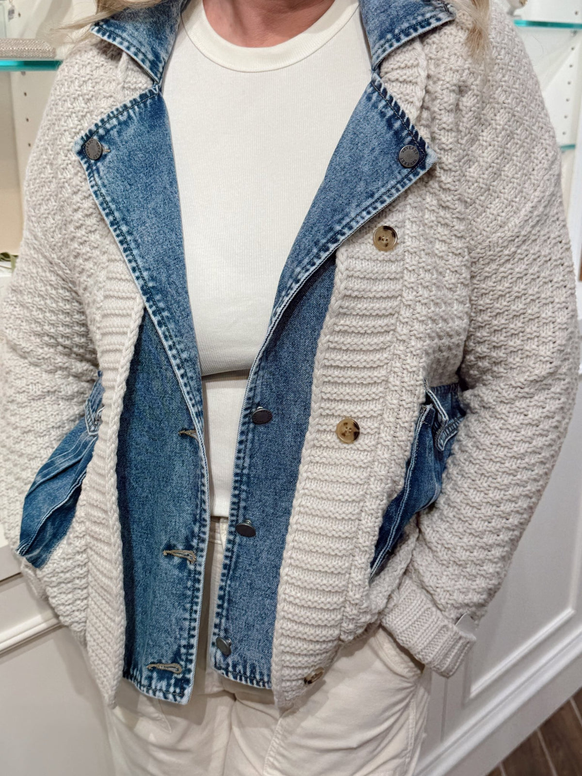 Knit Body Denim Layered Jacket - Chandeliers Boutique ny