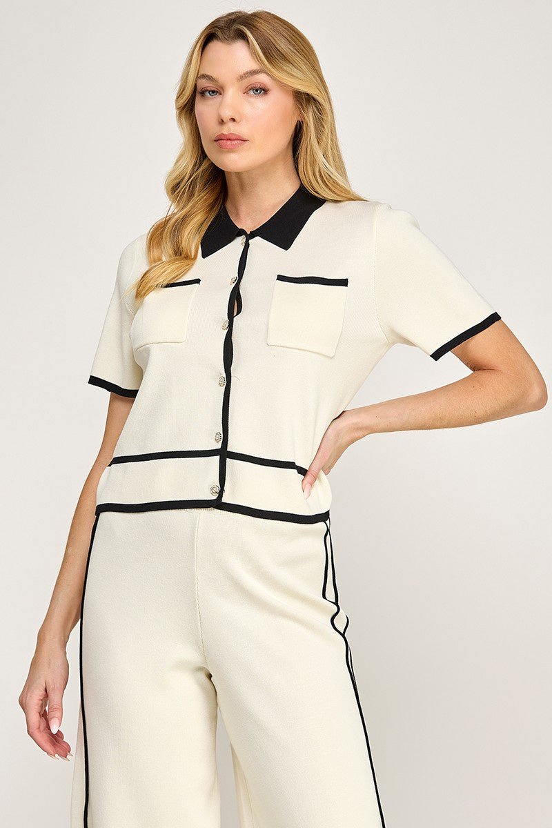 Knit Novelty Button Up Top - Chandeliers Boutique ny