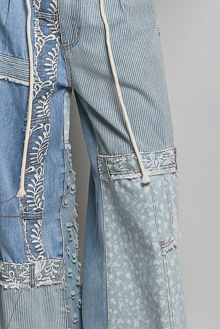 Lace - Overlay Printed Patchwork Contrast Denim Pant - Chandeliers Boutique ny