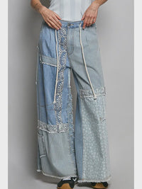 Lace - Overlay Printed Patchwork Contrast Denim Pant - Chandeliers Boutique ny