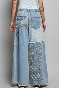 Lace - Overlay Printed Patchwork Contrast Denim Pant - Chandeliers Boutique ny