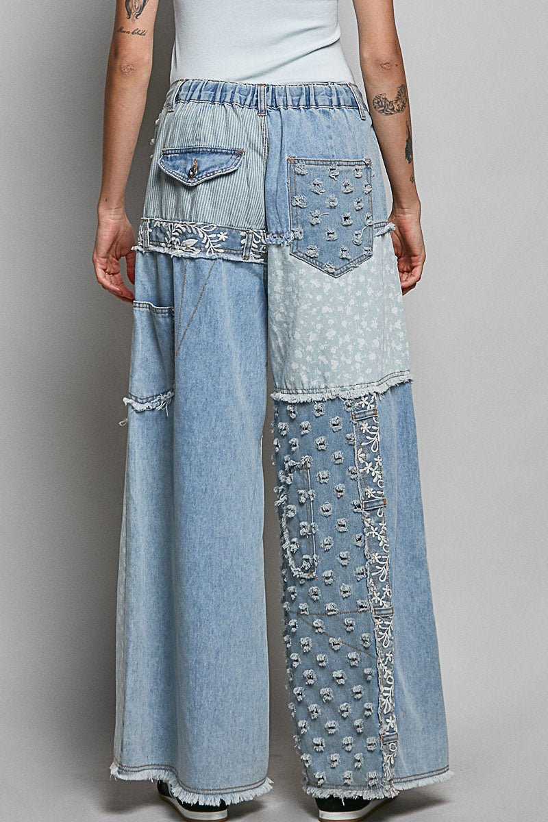 Lace - Overlay Printed Patchwork Contrast Denim Pant - Chandeliers Boutique ny