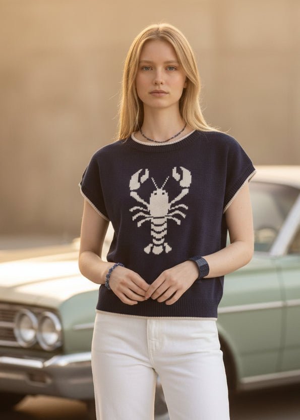 Lobster Motif Short Sleeve Knit Sweater - Chandeliers Boutique ny