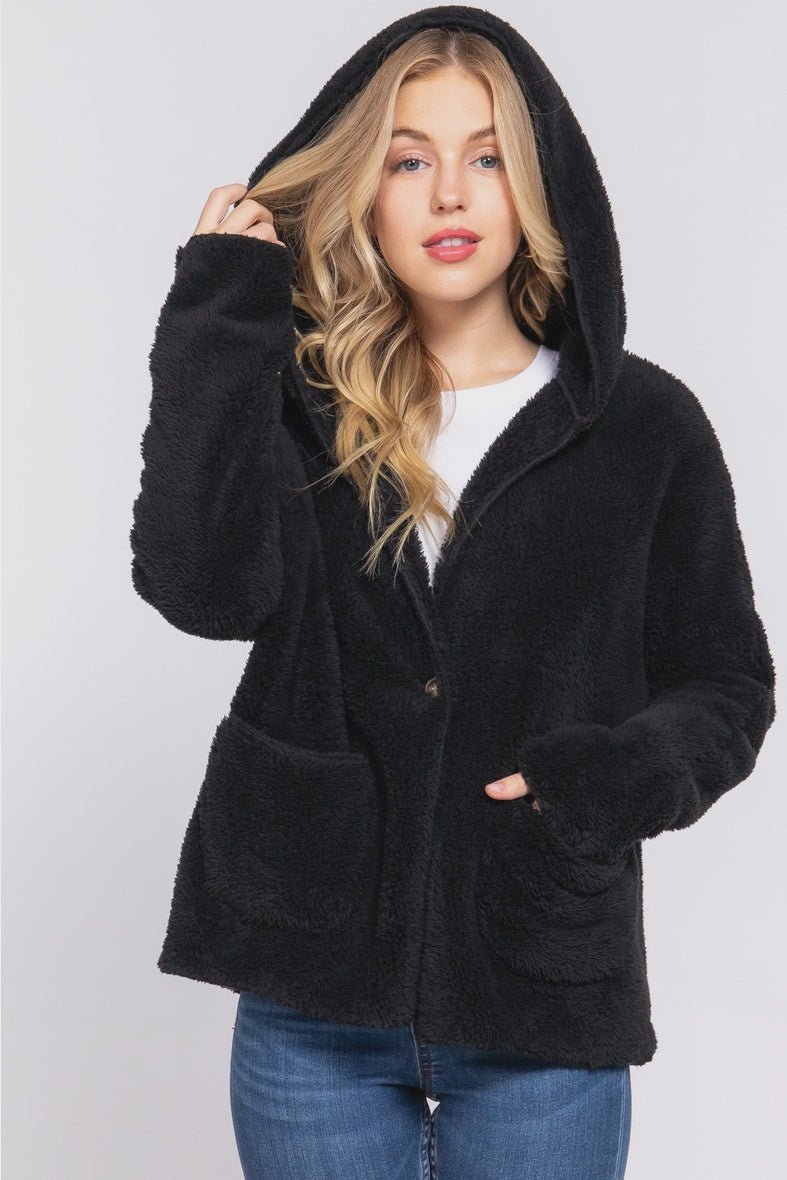 Long Dolman Sleeve Hoodie Sherpa Jacket - Chandeliers Boutique ny