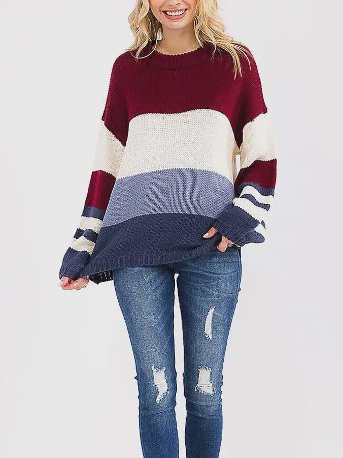 Long Sleeve Colorblock Knit Pullover Sweater - Chandeliers Boutique ny