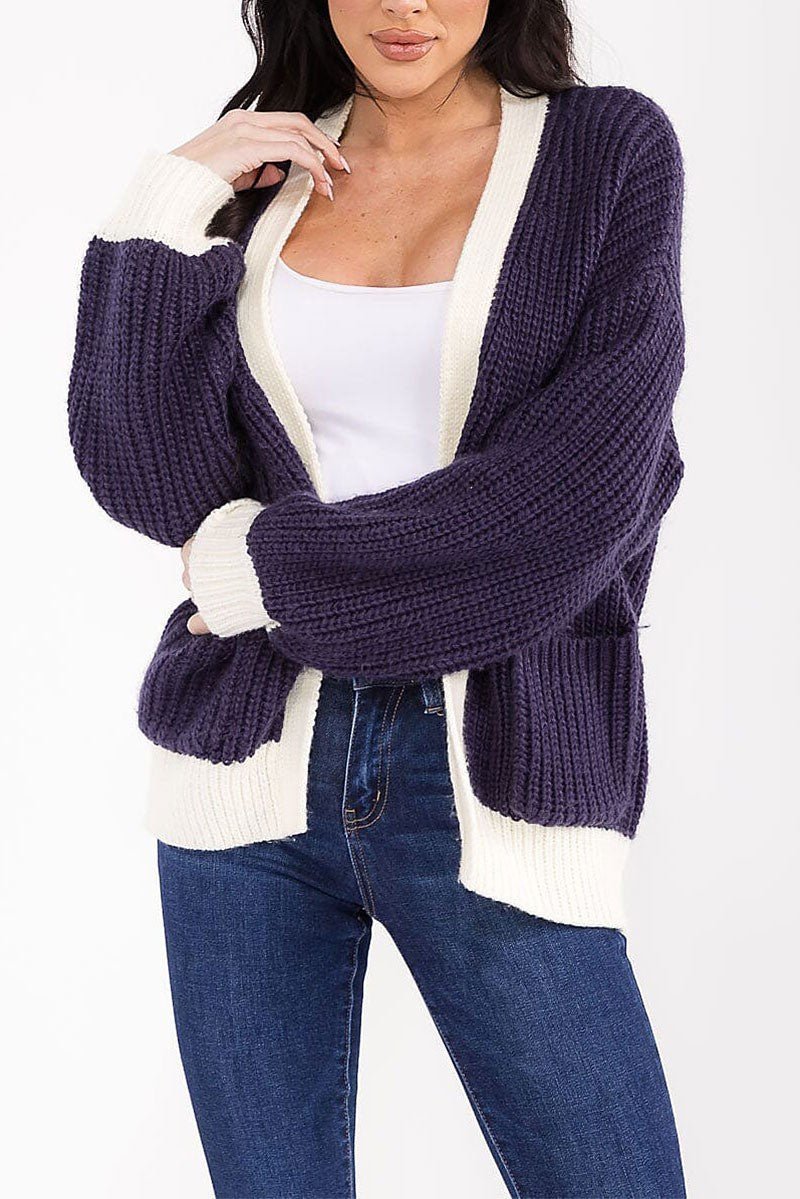 Long Sleeve Open Front Pockets Cardigan - Chandeliers Boutique ny