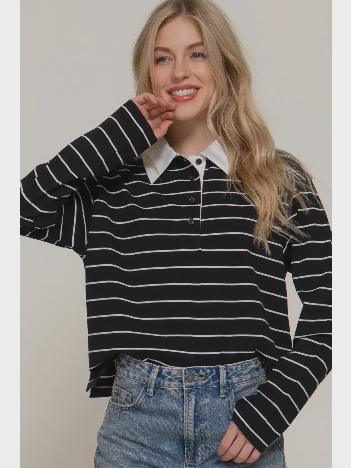 Long Sleeve Y/D Stripe Cotton Polo Shirt - Chandeliers Boutique ny