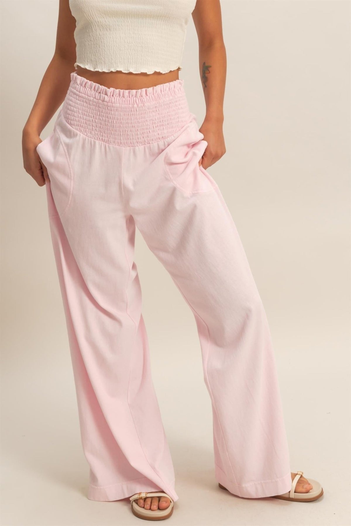 Mineral Washed Wide - leg Smocked Waist Pants - Chandeliers Boutique ny