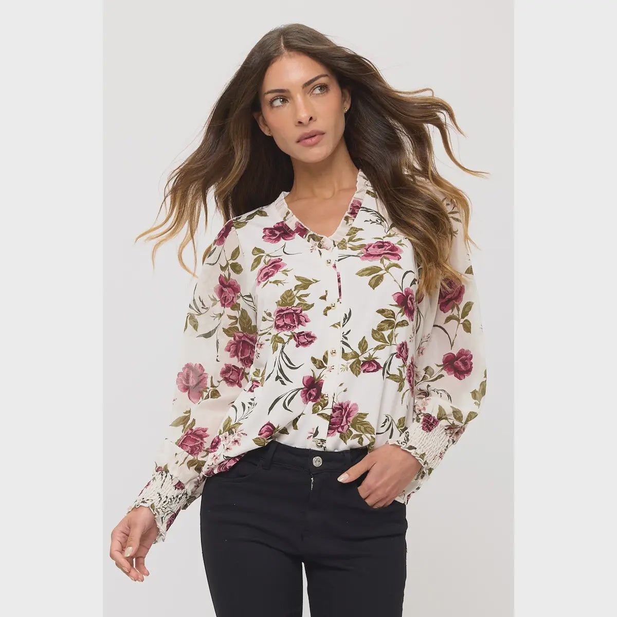 Mix Media Ruffle Button Down Shirt - Chandeliers Boutique ny