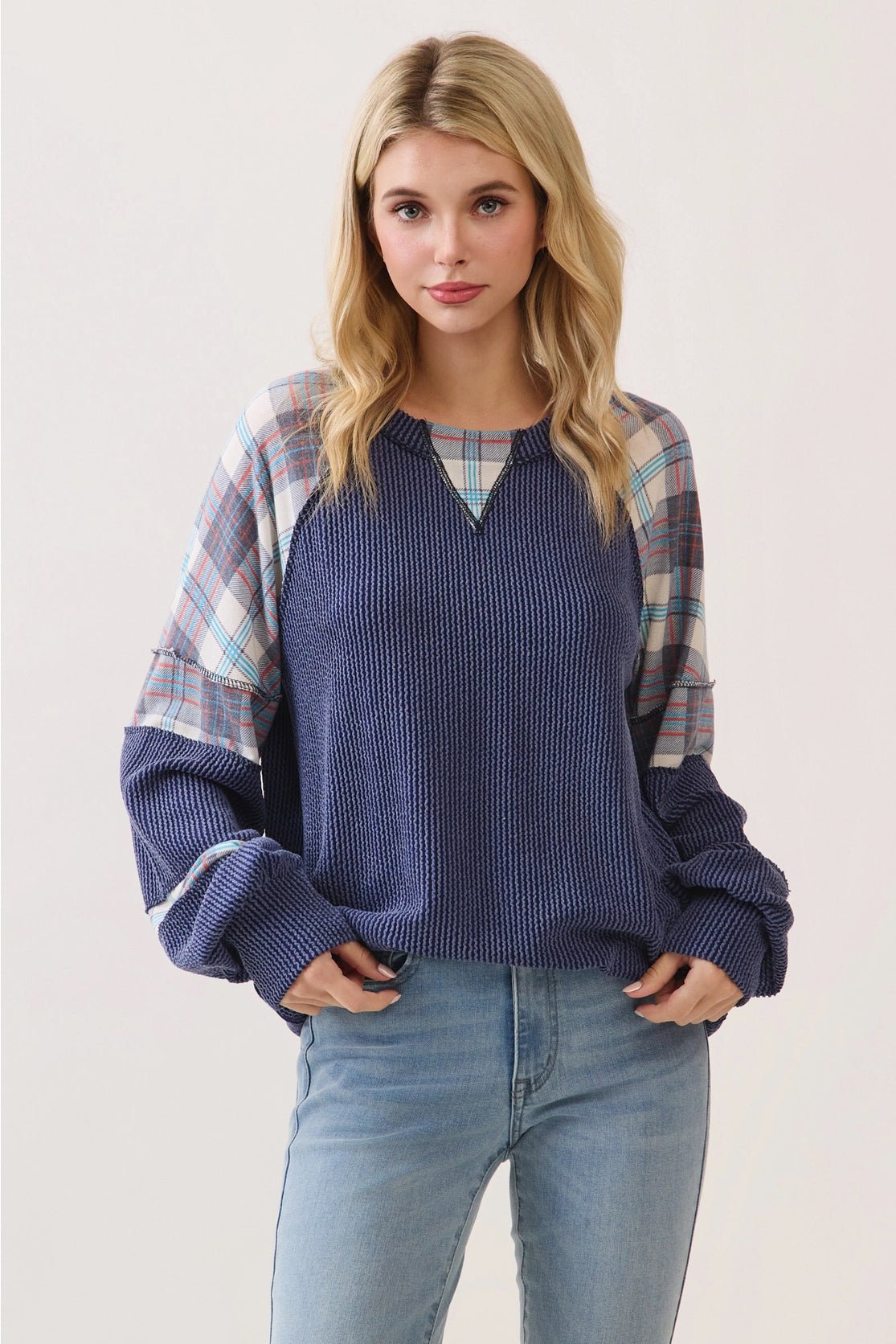 Mixed Media Plaid Patchwork Top - Chandeliers Boutique ny