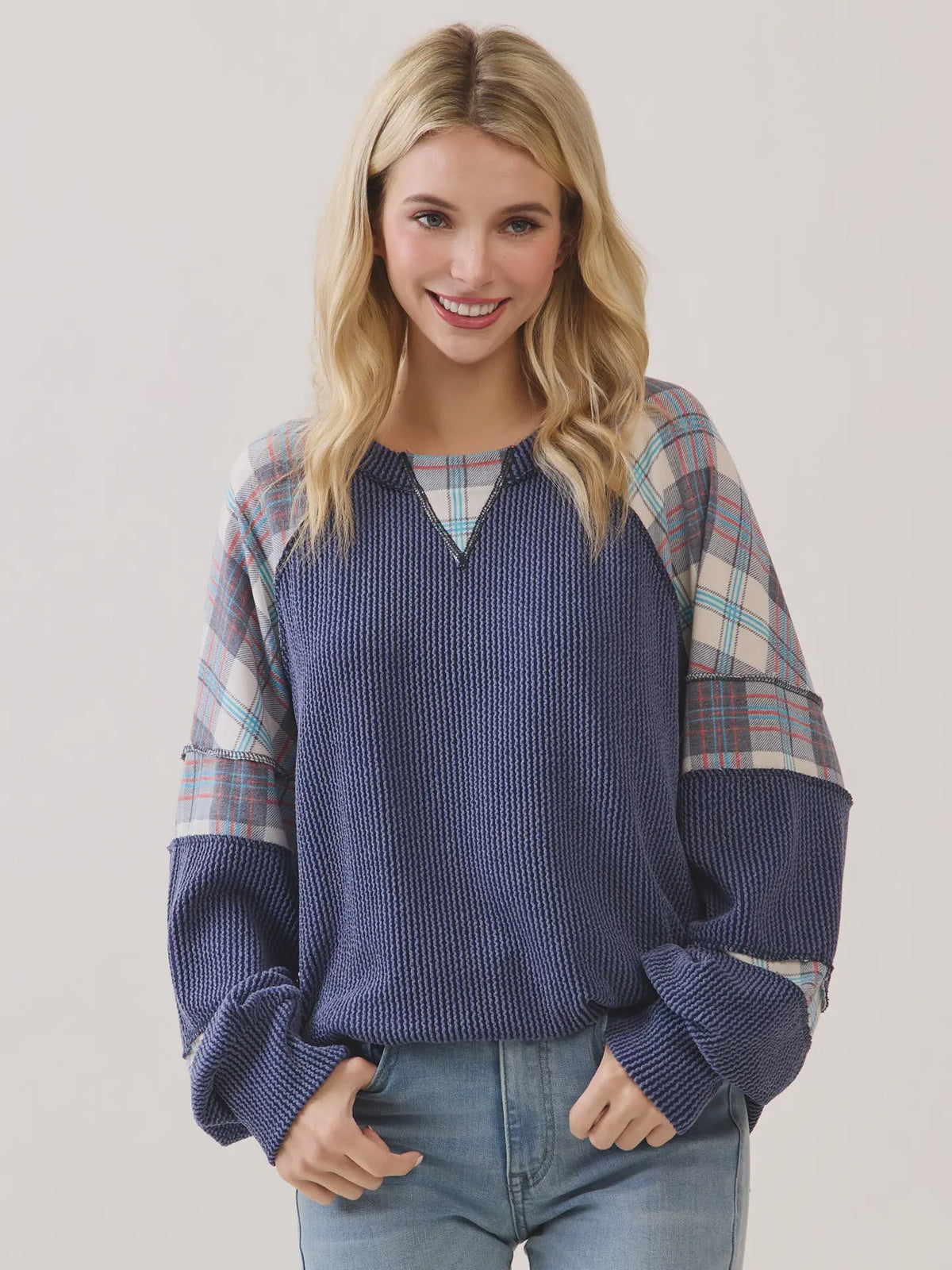 Mixed Media Plaid Patchwork Top - Chandeliers Boutique ny