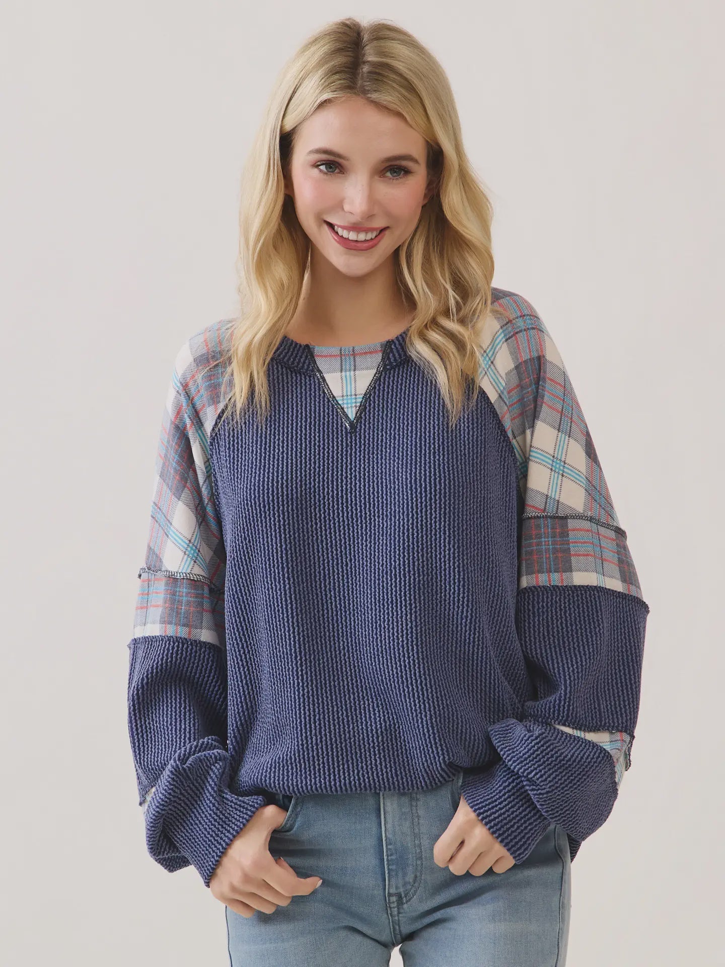 Mixed Media Plaid Patchwork Top - Chandeliers Boutique ny