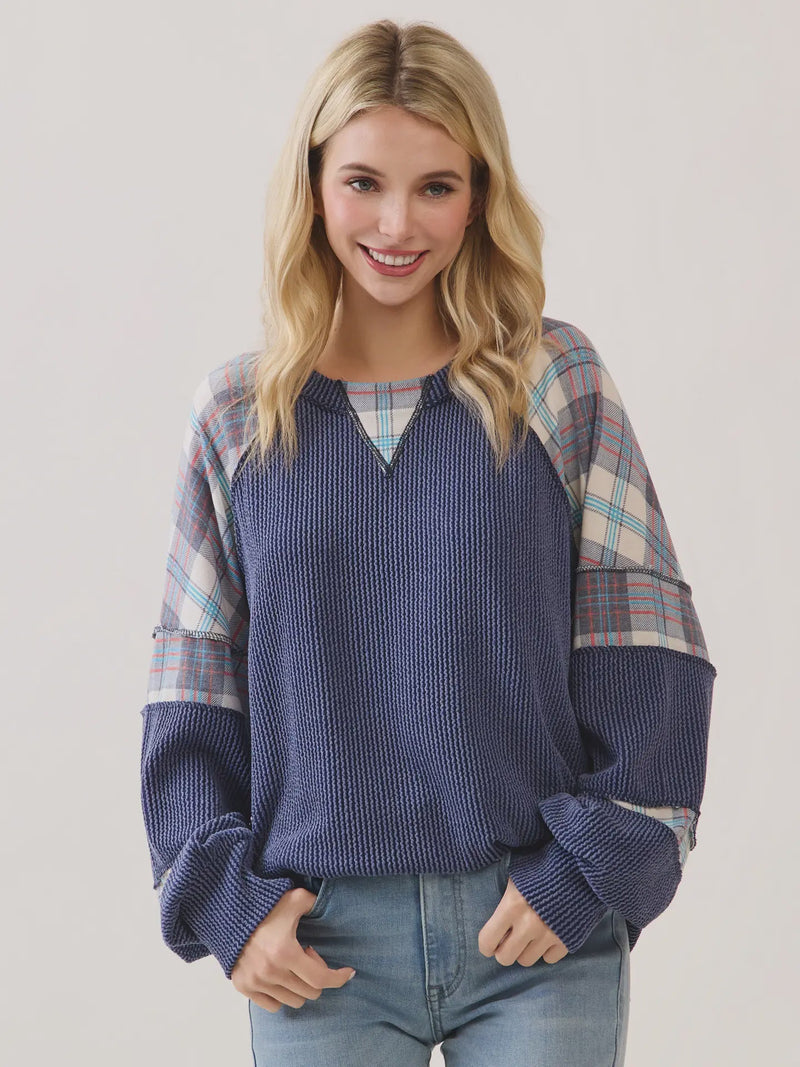 Mixed Media Plaid Patchwork Top - Chandeliers Boutique ny