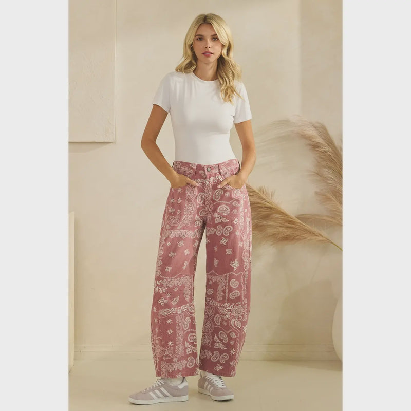 Paisley Printed Denim Pants - Chandeliers Boutique ny