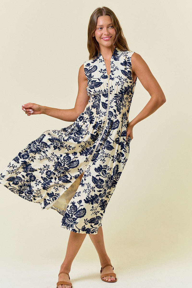 Paisley V - neck Smocked Waist Midi Dress - Chandeliers Boutique ny