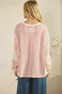 Patchwork Floral Sleeve Waffle Knit Pullover - Chandeliers Boutique ny