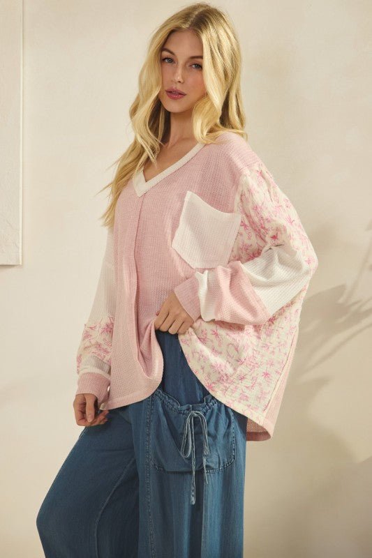 Patchwork Floral Sleeve Waffle Knit Pullover - Chandeliers Boutique ny