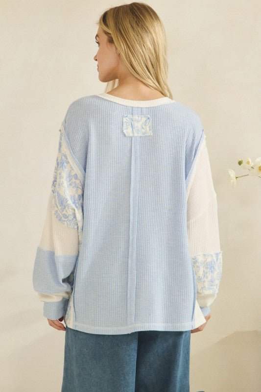 Patchwork Floral Sleeve Waffle Knit Pullover - Chandeliers Boutique ny