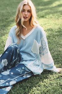 Patchwork Floral Sleeve Waffle Knit Pullover - Chandeliers Boutique ny