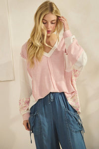 Patchwork Floral Sleeve Waffle Knit Pullover - Chandeliers Boutique ny