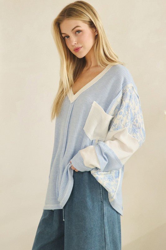 Patchwork Floral Sleeve Waffle Knit Pullover - Chandeliers Boutique ny