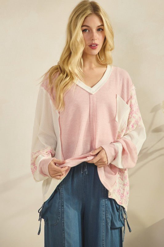 Patchwork Floral Sleeve Waffle Knit Pullover - Chandeliers Boutique ny