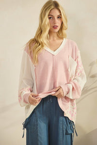 Patchwork Floral Sleeve Waffle Knit Pullover - Chandeliers Boutique ny