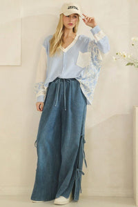 Patchwork Floral Sleeve Waffle Knit Pullover - Chandeliers Boutique ny