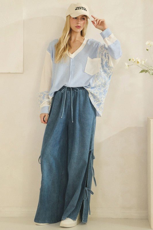 Patchwork Floral Sleeve Waffle Knit Pullover - Chandeliers Boutique ny