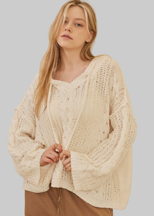 Patterned Sweater With Hoodie/Drawstring - Chandeliers Boutique ny