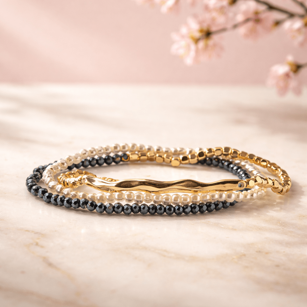 Pearl Gold & Hematite Stretch Bracelet Set - Triple Layer Stack - Chandeliers Boutique ny