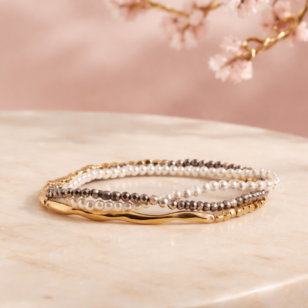 Pearl Gold & Hematite Stretch Bracelet Set - Triple Layer Stack - Chandeliers Boutique ny