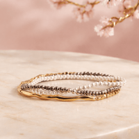 Pearl Gold & Hematite Stretch Bracelet Set - Triple Layer Stack - Chandeliers Boutique ny