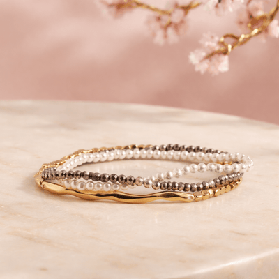 Pearl Gold & Hematite Stretch Bracelet Set - Triple Layer Stack - Chandeliers Boutique ny