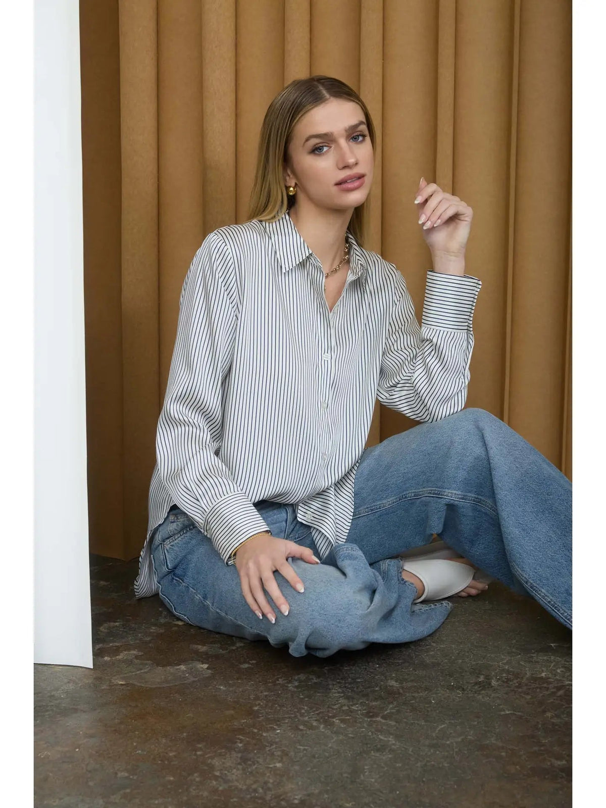 Pinstripe Pattern Collared Long Sleeve Shirt - Chandeliers Boutique ny