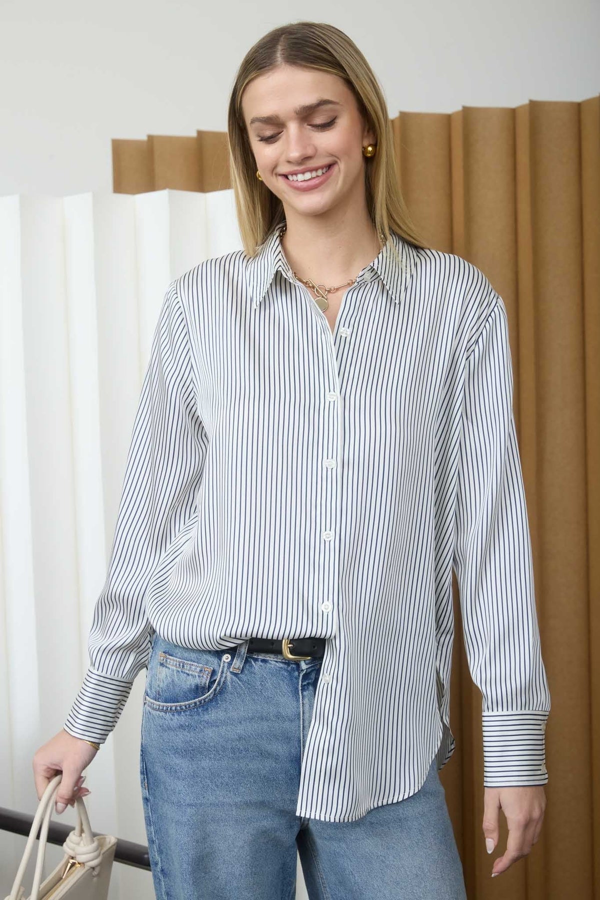 Pinstripe Pattern Collared Long Sleeve Shirt - Chandeliers Boutique ny