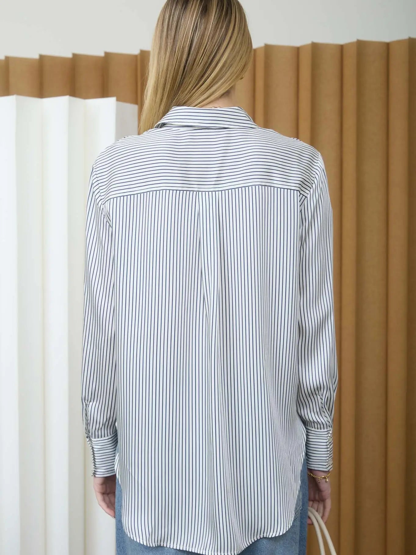 Pinstripe Pattern Collared Long Sleeve Shirt - Chandeliers Boutique ny