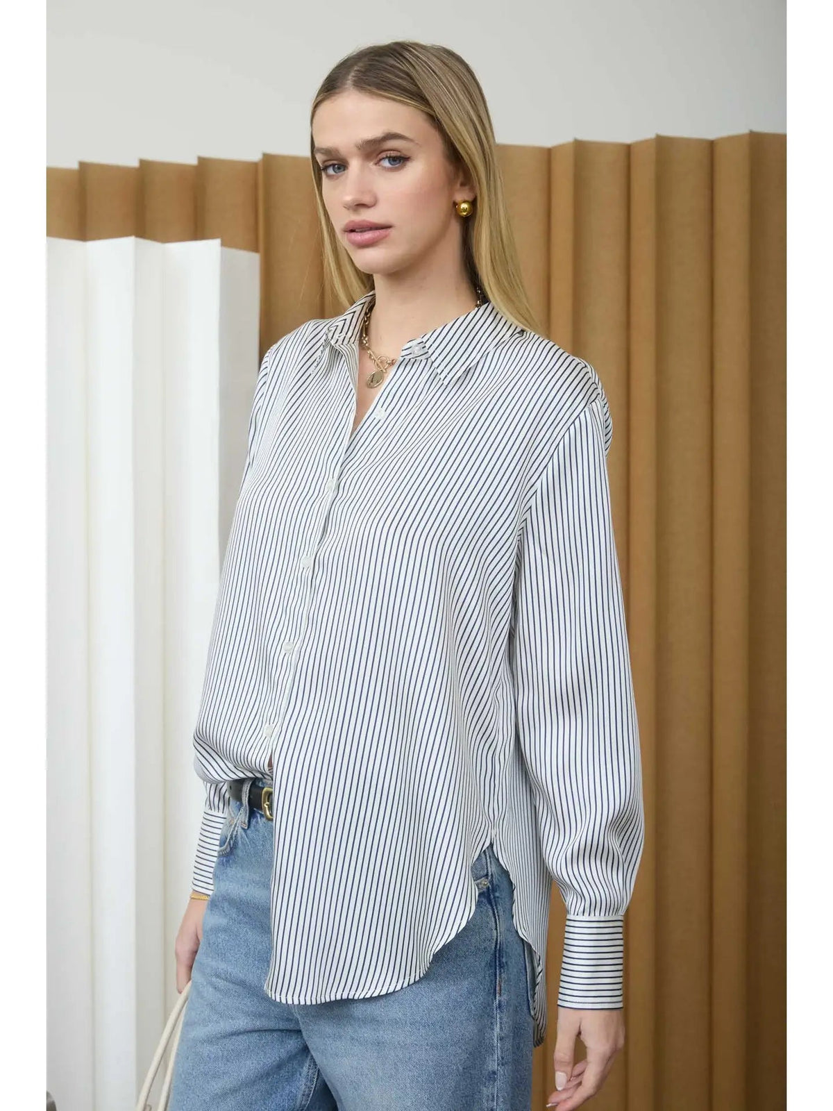 Pinstripe Pattern Collared Long Sleeve Shirt - Chandeliers Boutique ny