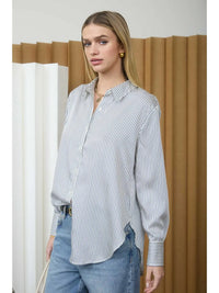 Pinstripe Pattern Collared Long Sleeve Shirt - Chandeliers Boutique ny