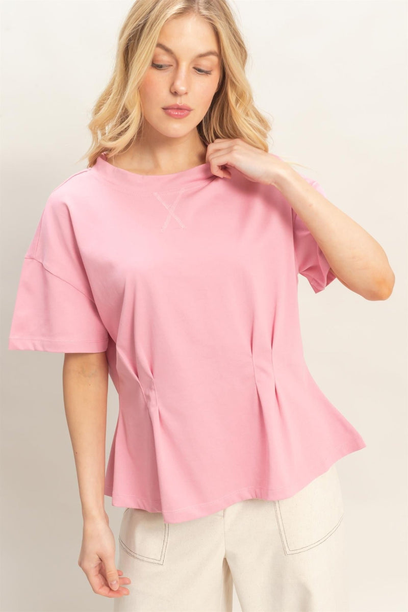 Pleated Hem Crew Neck Top - Chandeliers Boutique ny