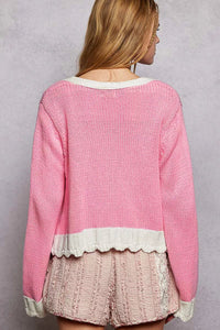 POL Button Down Cable - Knit Cardigan with Contrast Border Accents - Chandeliers Boutique ny